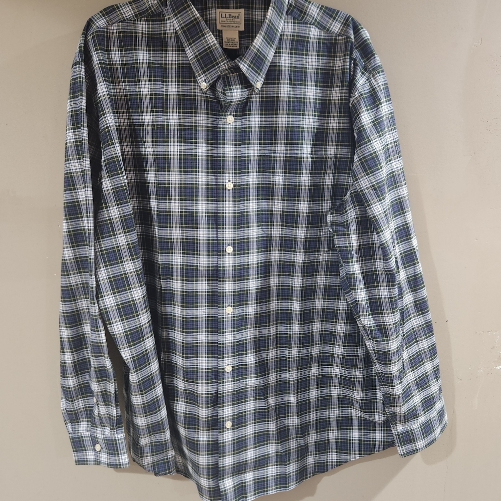 L.L. Bean Plaid Button Dress Shirt Size XXL Blue White Green